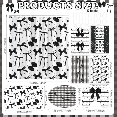 FuWeave 8 Pcs Black Shower Curtain Set Aesthetic Bow Knot Bathroom Decor Pretty Coquette Waterproof Shower Curtain Modern Minimalist Towels Non Slip Rug Toilet Lid Cover Bath Mat with 12 Hooks