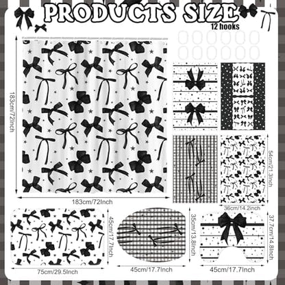 FuWeave 8 Pcs Black Shower Curtain Set Aesthetic Bow Knot Bathroom Decor Pretty Coquette Waterproof Shower Curtain Modern Minimalist Towels Non Slip Rug Toilet Lid Cover Bath Mat with 12 Hooks