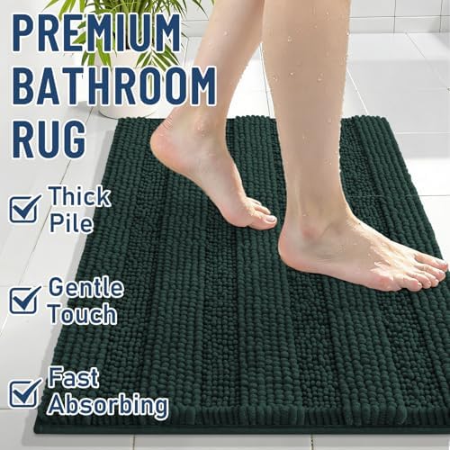 Grandaily Chenille Striped Bathroom Rugs 30x20, Extra Thick and Absorbent Bath Mats, Non-Slip Soft Plush Shaggy Shower Carpet, Machine Wash Dry, Bath Rug for Bathroom, (Medium, Dark Green)