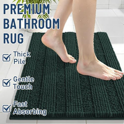 Grandaily Chenille Striped Bathroom Rugs 30x20, Extra Thick and Absorbent Bath Mats, Non-Slip Soft Plush Shaggy Shower Carpet, Machine Wash Dry, Bath Rug for Bathroom, (Medium, Dark Green)