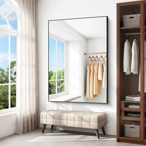 BONEWEI Bathroom Mirror,55x40 inch Large Wall Mirror for Bathroom Wall Mounted Black Rectangle Corner Mirrors,Black Bathroom Mirror for Living Room,Farmhouse,Bedroom Entryway,Horizontal/Vertical
