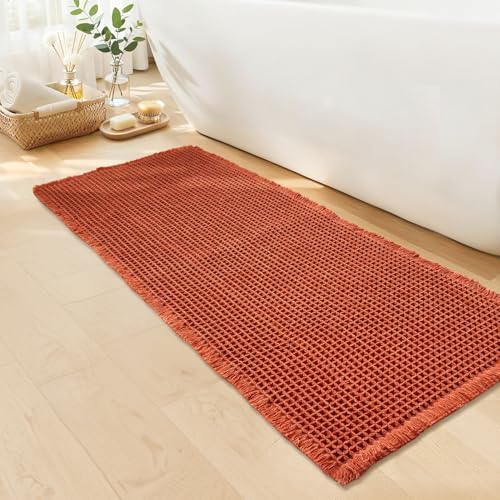 Burnt Orange Bathroom Rug, Fall Waffle Bath Mat Runner, 24" x 60"