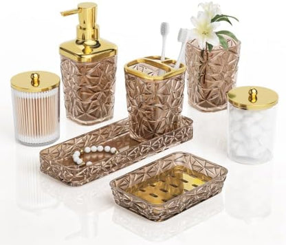 Bathroom Accessory Set, 7 Pcs Brown Bathroom Set, Acrylic Soap Dispenser and Toothbrush Holder Set, Qtip Holder Set, Bathroom Sink Set, Gift for Home Apartment