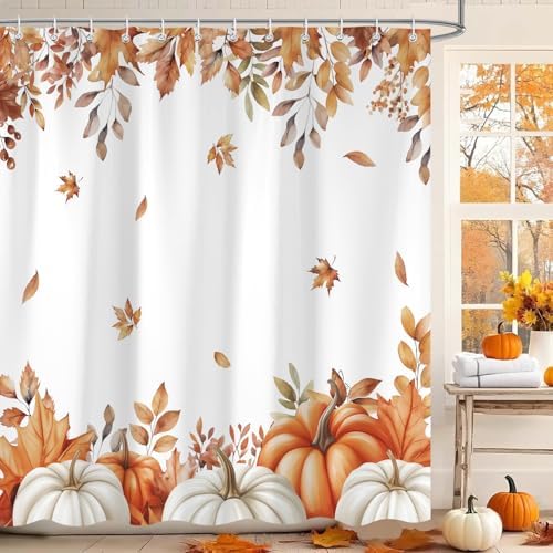 Fall Pumpkins Shower Curtain, Autumn Maple Leaf Leaves Harvest Thanksgiving Farmhouse Bathr Curtains Set,Waterproof Fabric Bathroom Curtains Decor 72 X 72 Inch