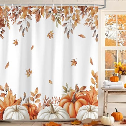 Fall Pumpkins Shower Curtain, Autumn Maple Leaf Leaves Harvest Thanksgiving Farmhouse Bathr Curtains Set,Waterproof Fabric Bathroom Curtains Decor 72 X 72 Inch