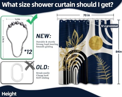 Navy Blue and Gold Extra Long Shower Curtain, Tall 72X84 in, Mid Century