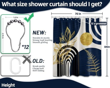 Navy Blue and Gold Extra Long Shower Curtain, Tall 72X84 in, Mid Century
