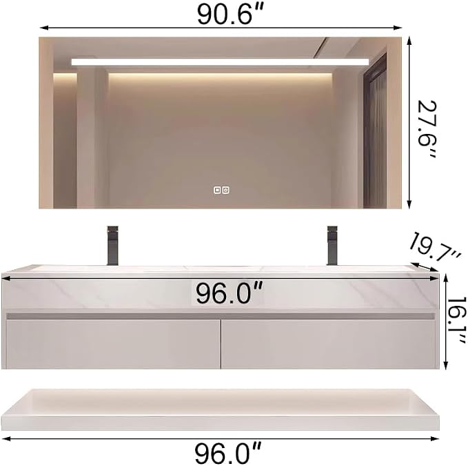 96" Bathroom Vanity with Sink, Double Sink Bathroom Vanity with Smart LED Defog Mirror Cabinet, Ceramic Sink Waterproof Wall Mounted Floating, Soft Closing, Fully Pre-Assembled, Ample Storage