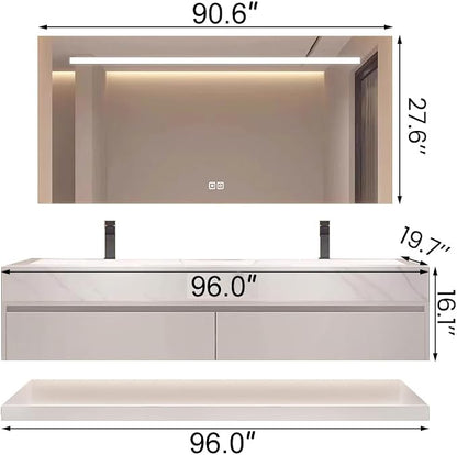 96" Bathroom Vanity with Sink, Double Sink Bathroom Vanity with Smart LED Defog Mirror Cabinet, Ceramic Sink Waterproof Wall Mounted Floating, Soft Closing, Fully Pre-Assembled, Ample Storage