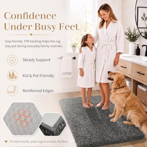 Yimobra Bathroom Rugs Non Slip Washable, Ultra Soft and Water Absorbent Bath Mats, Plush Fluffy Shower Mat Outside, Microfiber Thick Matts for Bathroom Floor/Sink, 24X17, Light Gray and Black Gray