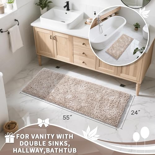 Yimobra Long Bathroom Rugs Runner 55x24 Inch, Extra Thick Soft Absorbent Chenille Bath Mat, Non Slip Machine Washable, Quick Dry Bath Rugs for Bathroom Floor, Tub and Shower, Khaki