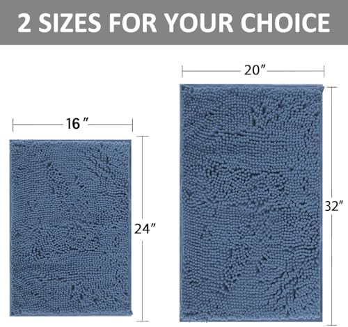 Blue Bathroom Rugs Chenille Bath Mats Set 2 Piece Extra Soft and Absorbent Shaggy Rugs, Machine Wash and Dry, Perfect Plush Bath Mats for Tub, Shower, Bathroom Decor, Washable Carpets Set