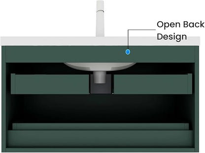Floating Bathroom Vanity with Sink, 36" Bathroom Storage Cabinet with Curve Design Ceramic Basin & 2 Soft-Close Drawers, Wall-Mounted Vanity with Large Storage Space & Black Handle, Green