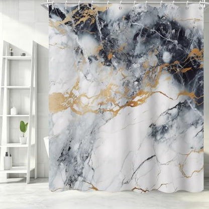 Abstract Marble Shower Curtain Modern Charcoal Luxury Gold Ink Texture Gray Ombre Watercolor Bathroom Curtain Set with Hooks Soft and Lightweight Waterproof Fabric Machine Washable 72" Wx84 L
