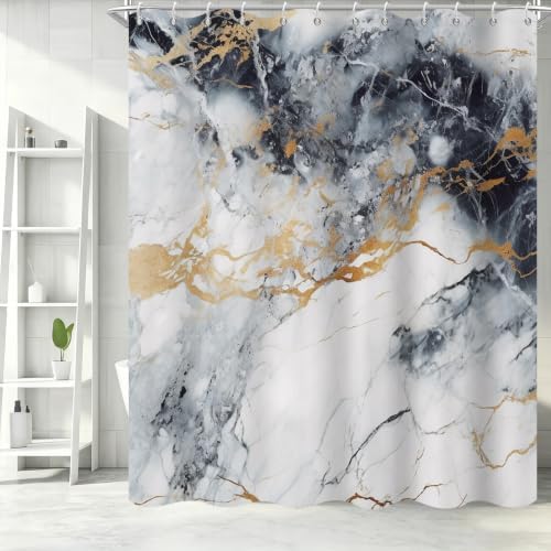 Abstract Marble Shower Curtain Modern Charcoal Luxury Gold Ink Texture Gray Ombre Watercolor Bathroom Curtain Set with Hooks Soft and Lightweight Waterproof Fabric Machine Washable 66" WX72 L