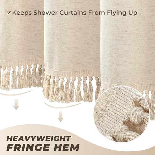Linen Shower Curtain Boho Beige Shower Curtain with Tassels 72"W x 72"L