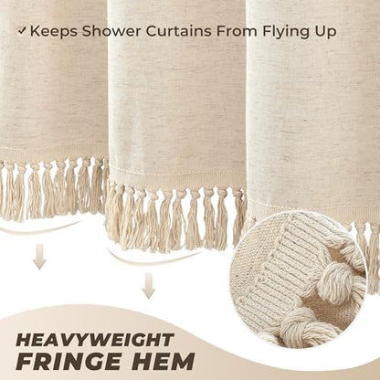 Linen Shower Curtain Boho Beige Shower Curtain with Tassels 72"W x 72"L