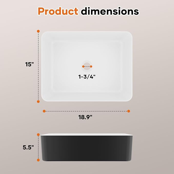 19"x15" Black & White Rectangle Ceramic Vessel Bathroom Sink | Modern Rectangular Countertop Sink Crafted from Durable Ceramic, Compatible with Vessel Sink Faucets, Smooth Two-Tone Finish