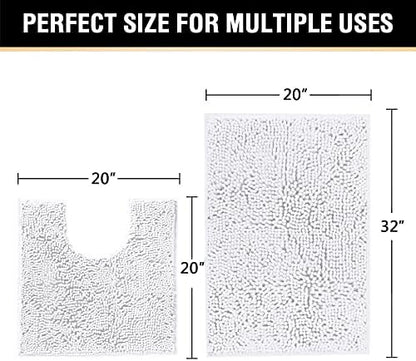 H.VERSAILTEX Original Luxury Chenille Bathroom Rug Mat (32" x 20"/20" x 20"), Extra Soft & Absorbent Shaggy Rugs, Machine Wash/Dry, Perfect Plush Carpet Mats for Tub (Curved Set, Pure White)