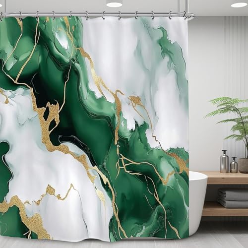 Emerald Green Marble Art Shower Curtain 60Wx72L Inch Abstract Modern Contemporary Bathroom Set Accessories Decor with 12 Pack Hooks