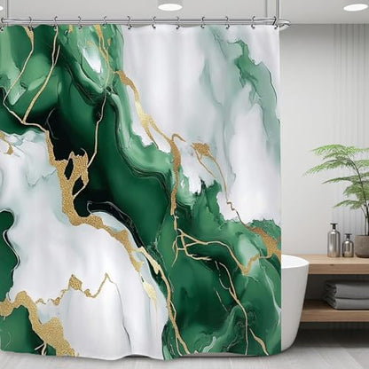 Emerald Green Marble Art Shower Curtain 60Wx72L Inch Abstract Modern Contemporary Bathroom Set Accessories Decor with 12 Pack Hooks