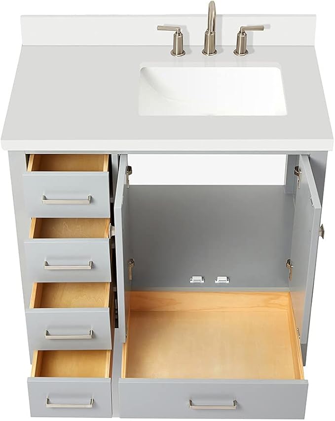 ARIEL Cambridge 36-inch Bathroom Vanity with Sink,Solid Wood, 1.5-inch Pure White Quartz Countertop & Backsplash, Single Rectangular Porcelain Sink, 2 Soft Closing Doors, 5 Dovetail Drawers, Grey