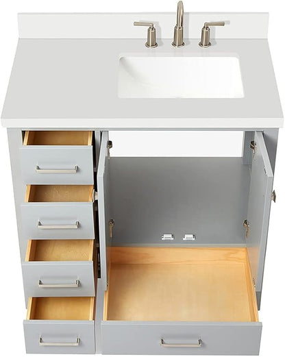 ARIEL Cambridge 36-inch Bathroom Vanity with Sink,Solid Wood, 1.5-inch Pure White Quartz Countertop & Backsplash, Single Rectangular Porcelain Sink, 2 Soft Closing Doors, 5 Dovetail Drawers, Grey