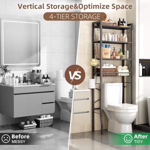 Over-The-Toilet Storage Rack 4-Tier,Bathroom Organizer Shelf Over Toilet,Adjustable Wooden Shelves and Basket,Freestanding Above Toilet Shelf,Space Saver for Rooms(Black Rack-Black Shelves)