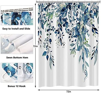 Shower Curtain, Shower Curtains for Bathroom Blue Eucalyptus Shower Curtain Watercolor Plant Bathroom Curtain Leaves Botanical Shower Curtain Set 72" W x 84" L with Hooks