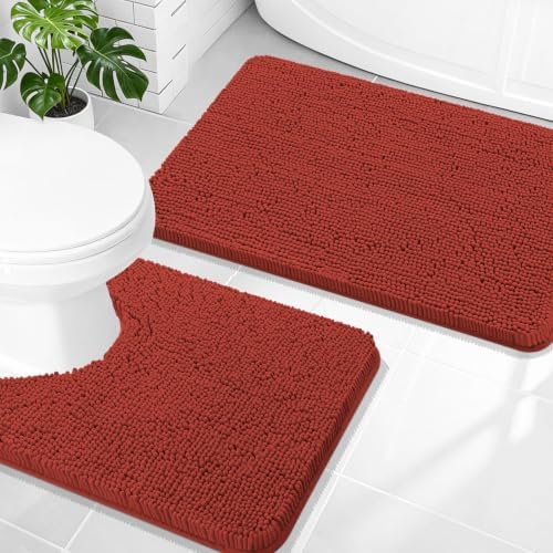 OLANLY Chenille Bath Rugs Sets 2 Piece, 30"x20"+24"x20", Rustic Terracotta