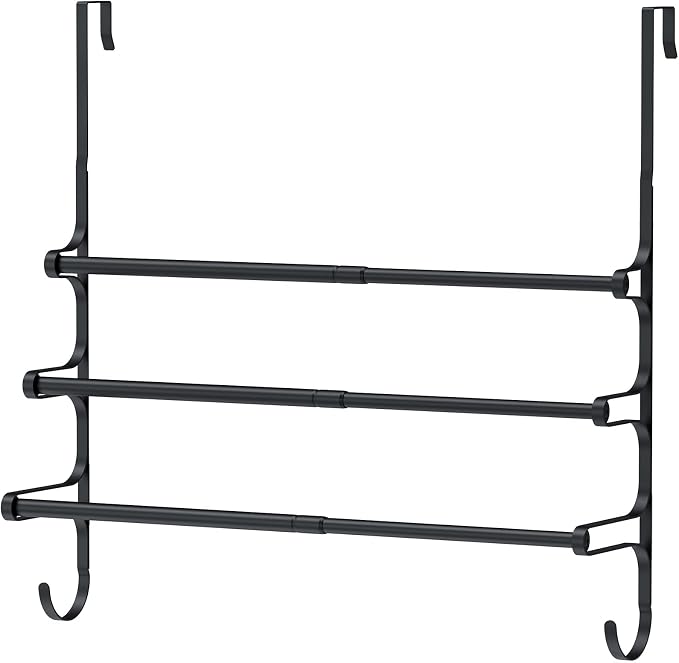 CANYAVE Over The Door Towel Rack, Extendable Triple Towel Storage Holder with Hooks, 24.02 Inches Towel Bar Hanger Towel Racks for Bathroom (Black)
