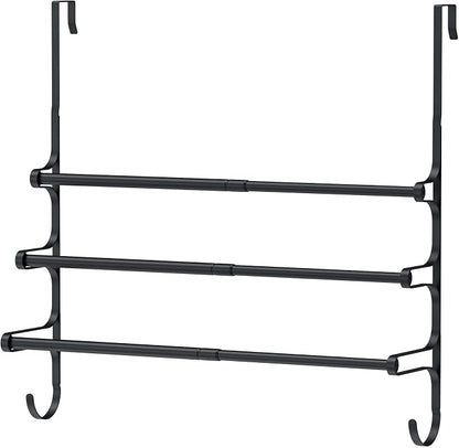 CANYAVE Over The Door Towel Rack, Extendable Triple Towel Storage Holder with Hooks, 24.02 Inches Towel Bar Hanger Towel Racks for Bathroom (Black)