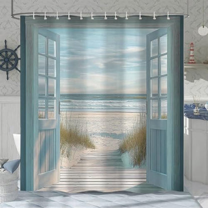 Blue Beach Barn Door Shower Curtain, Rustic Country Ocean Coastal Seaside Scenery Decor Bath Curtains, Retro Teal Wood Waterproof Bathroom Accessories Set, 72 x 78 inch with Hooks
