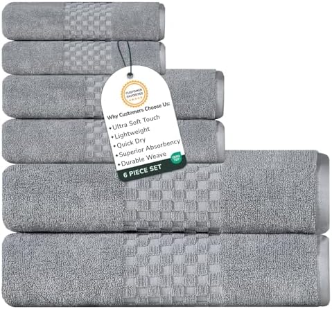 Feather & Stitch 100% Cotton 625 GSM Bath Towel Set of 6, Ultra Soft Highly Absorbent 2 Bath Towels, 2 Hand Towels & 2 Washcloth - Luxury Quick Dry Shower Towels (Grey)