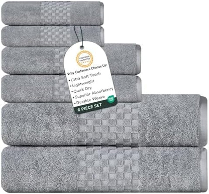 Feather & Stitch 100% Cotton 625 GSM Bath Towel Set of 6, Ultra Soft Highly Absorbent 2 Bath Towels, 2 Hand Towels & 2 Washcloth - Luxury Quick Dry Shower Towels (Grey)