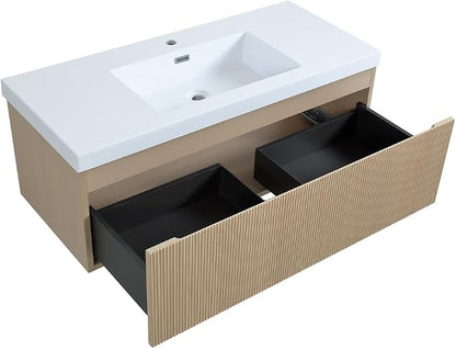 42 Inch Floating Bathroom Vanity with Sink, Wall-Mounted Striped Storage Cabinet with Soft-Close Drawer, Glossy White Solid Surface Basin, Fully Assembled, Natural Oak Finish