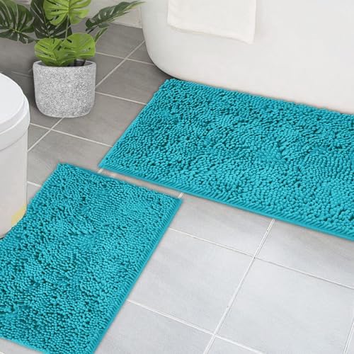 Bathroom Rugs Chenille Bath mat 2 Piece Set, Super Absorbent, PVC Non Slip Backing, Bath mats for Bathroom, Plush Shaggy, Thick, Machine Washable, Bathtub, Shower, Toilet.(Light Blue)