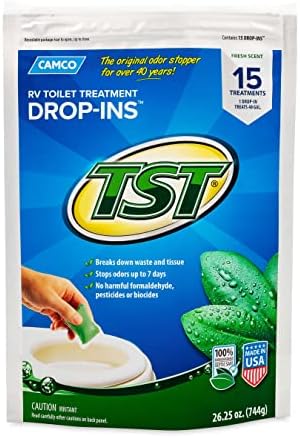 Camco TST RV Toilet Treatment Drop-INs - Control Unwanted Odors and Break Down Waste and Tissue - Septic Tank Safe - Fresh Scent (40264) 15 Count (Pack of 4)
