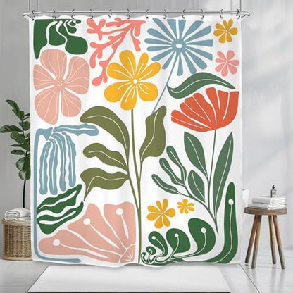 Colorful Abstract Flower Shower Curtain 60Wx72L Inch Minimalist Contemporary Matisse Funky Groovy Art Aesthetic Spring Bathroom Set Accessories Decor with 12 Pack Hooks