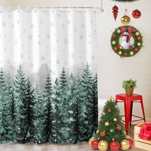 Shower Curtain Bathroom Set Christmas Tree Forest Gradient Green Waterproof Shower Curtains with Grommets Hooks Winter Snowflakes Gray Privacy Bath Curtain for Bathtub Decor 48x72in
