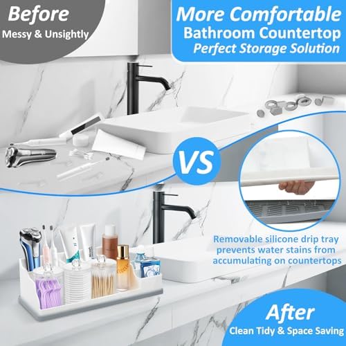 Bathroom Counter Organizer, Large White Silicone Toothbrush Holders for Bathrooms Organizer Countertop with 3PCS Qtip Holder, Toothbrush and Toothpaste Holder for Bathroom Organization Storage Vanity