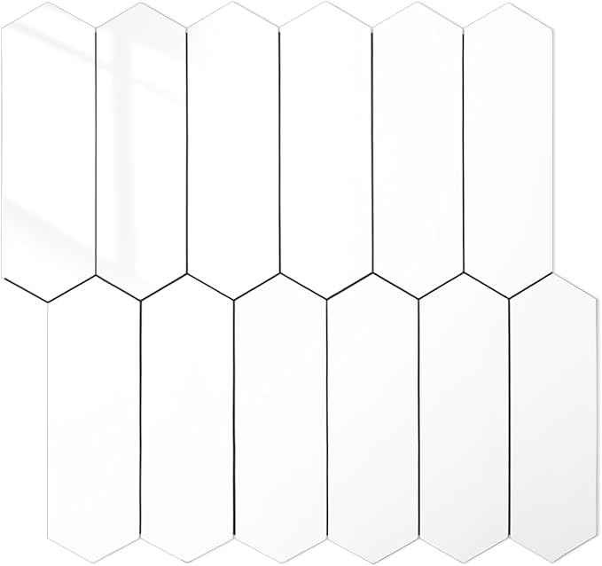 DICOFUN 1 Sheet Polished White Long Hexagon Peel and Stick Backsplash, 12"x12" PVC Stick on Backsplash Wall Tiles for Kitchen and Bathroom