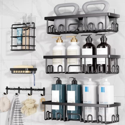Veken Shower Caddy 6-Pack with Hooks, Bathroom Organizers & Storage, Black