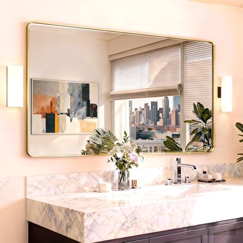 24"X48" Large Gold Metal Framed Bathroom Mirror for Wall, Large Mirrors for Spacious Rooms,Gold Rounded Rectangle Mirror, Brushed Gold Bathroom Vanity Mirror Farmhouse, Anti-Rust, Tempered Glass