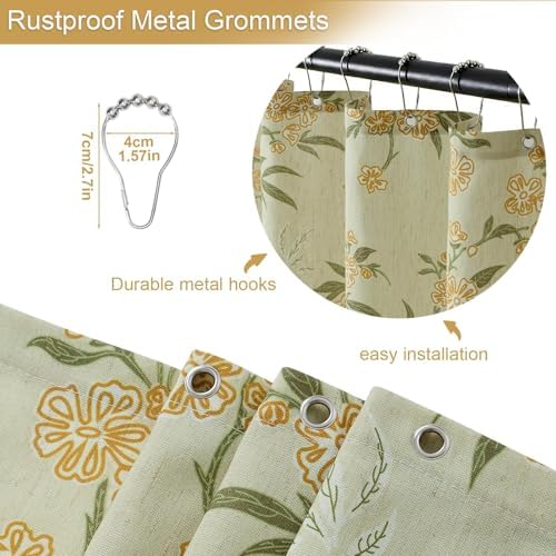 ORTIGIA Linen Shower Curtain Sage Green Floral Farmhouse Vintage Shower Curtains Boho Rustic Block Print Cottagecore Decor for Bathroom 72 W x 72 L