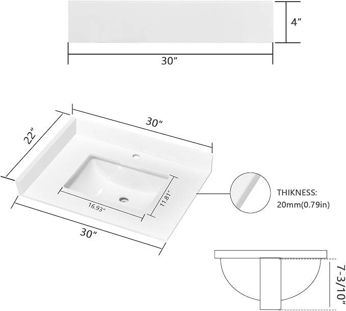 30" x 22" Vanity Top, Quartz Vanity Sink Top in Pure White, with One Sidesplash & One Backsplash, with Undermounted Rectangular Sink,Single Faucet Hole for Vanity Top with Sink