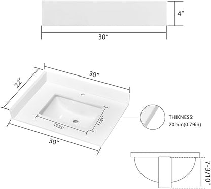 30" x 22" Vanity Top, Quartz Vanity Sink Top in Pure White, with One Sidesplash & One Backsplash, with Undermounted Rectangular Sink,Single Faucet Hole for Vanity Top with Sink