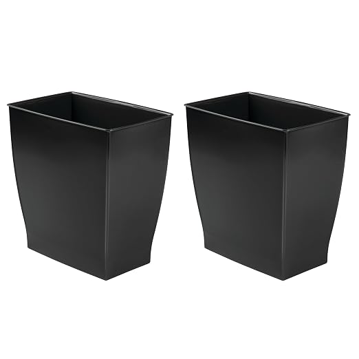 iDesign Small Plastic Bathroom Trash Can, Slim Rectangle, 2-Pack, Black | Garbage Bin for Bedroom, Office, Dorm