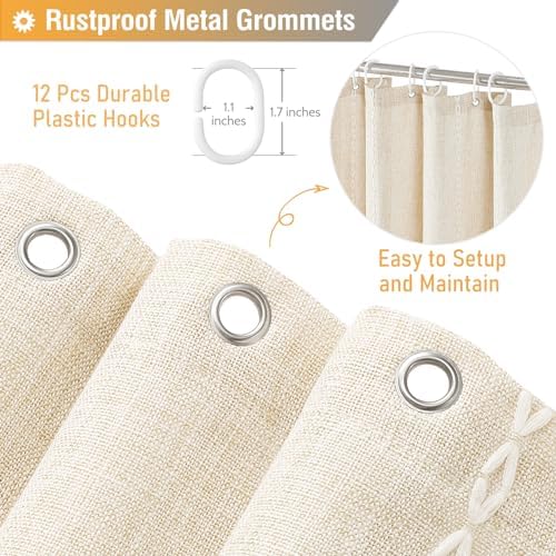 BTTN Cream Boho Farmhouse Linen Heavy Duty Shower Curtain Set, 72x72, Beige