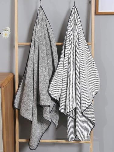 2 Pack Striped Microfiber Bath Towels, 27 x 55 Inches Large Quick Dry Absorbent Shower Towel Set, Minimalist Thin Stripe Soft Lightweight Decorative Linen for Bathroom Spa Gym Beach Travel